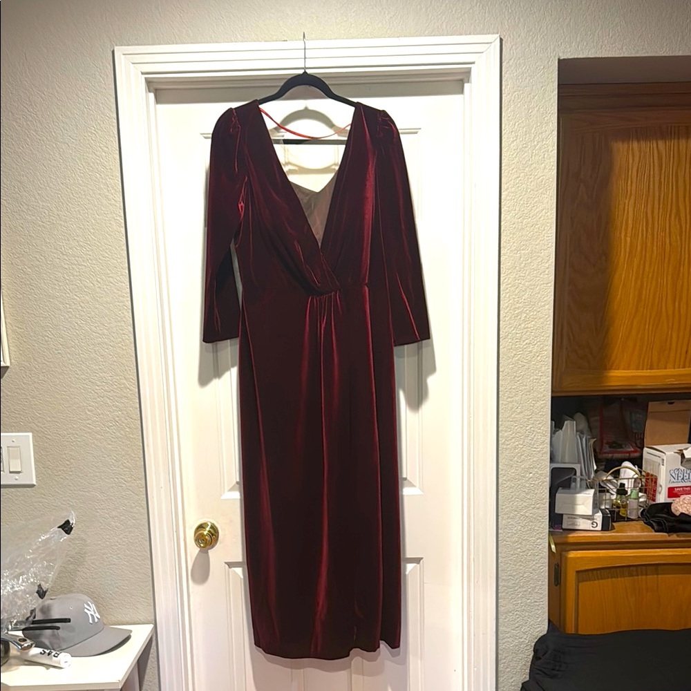 Jenny Yoo Red Wrap Gown with V-Neck and 3/4 Sleeves